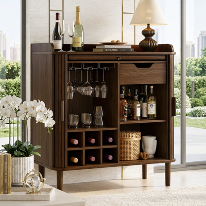 Elegant Modern Wooden Bar Cabinet, Fluted Home-Bar Console with Wineglass Storage