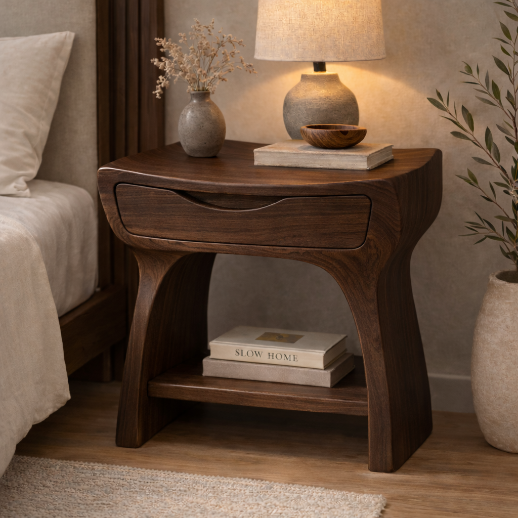 Solid Wood Nightstand with Drawer and Shelf – Modern Curved Bedside Table Kitchnce