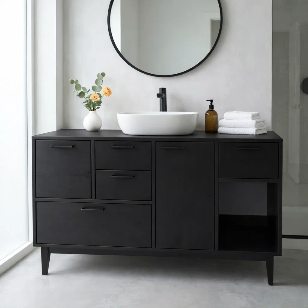 Solid Wood Bathroom Vanity with Drawers & Open Storage – Modern Design