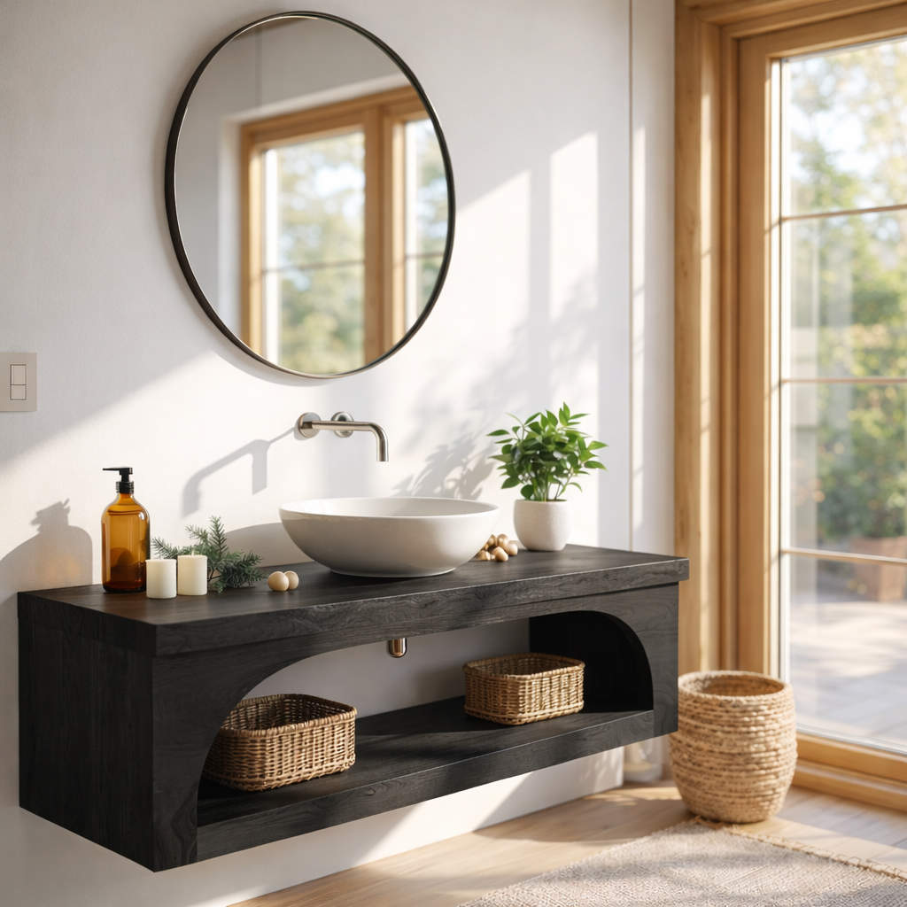 Floating Vanity with Walnut Wood Finish and Spacious Storage Shelf Kitchnce