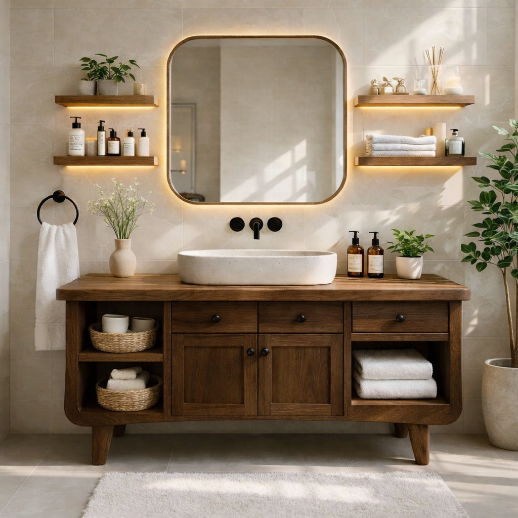 Modern Farmhouse Bathroom Vanity Cabinet With Drawers And Open Shelf Storage Kitchnce