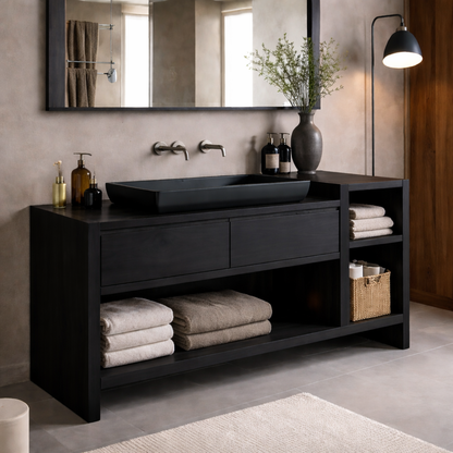 Solid Wood Bathroom Vanity Cabinet with Drawer & Side Shelf – Walnut Bathroom Storage