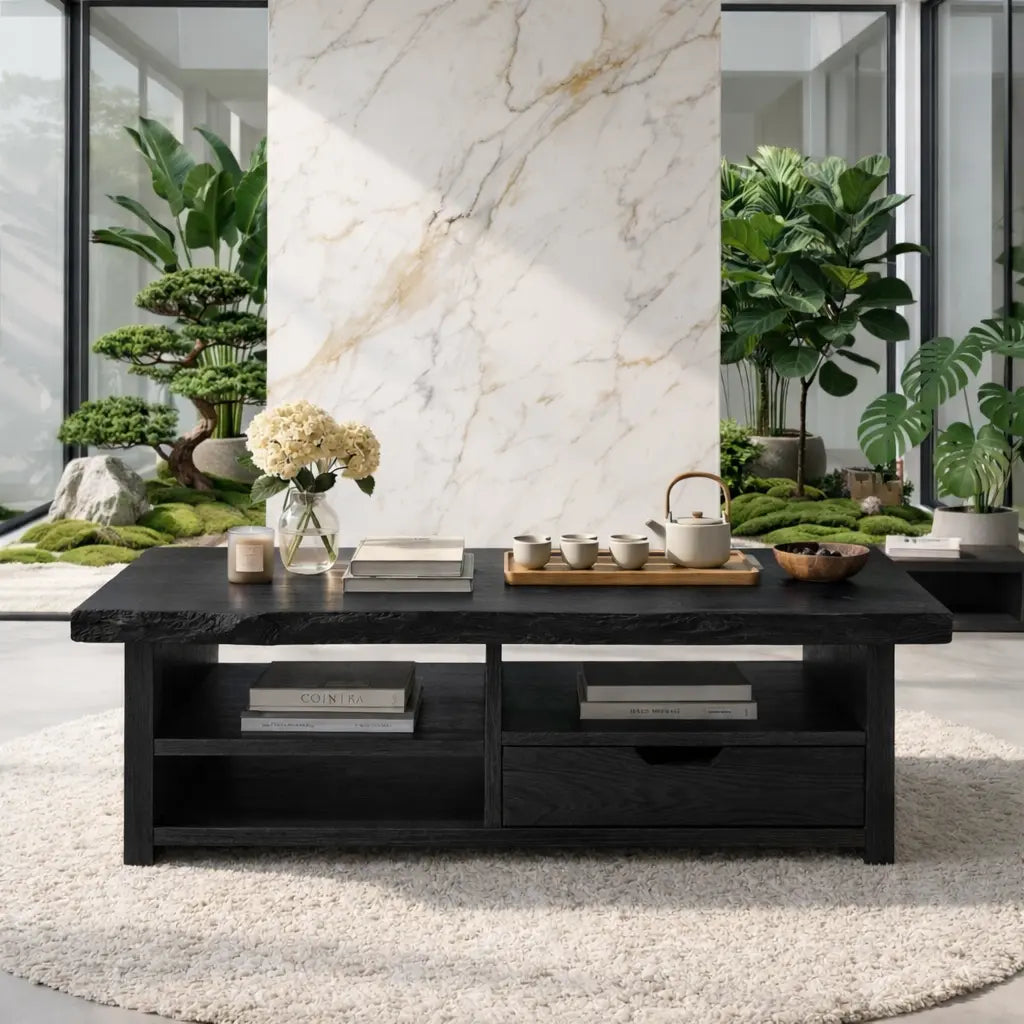 Live Edge Oak Coffee Table with Storage Drawer and Shelf, Solid Wood Living Room Table Kitchnce