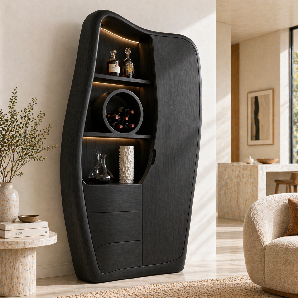 Sculptural Tall Bar Cabinet Wine Storage Display Shelves Freestanding Statement Piece