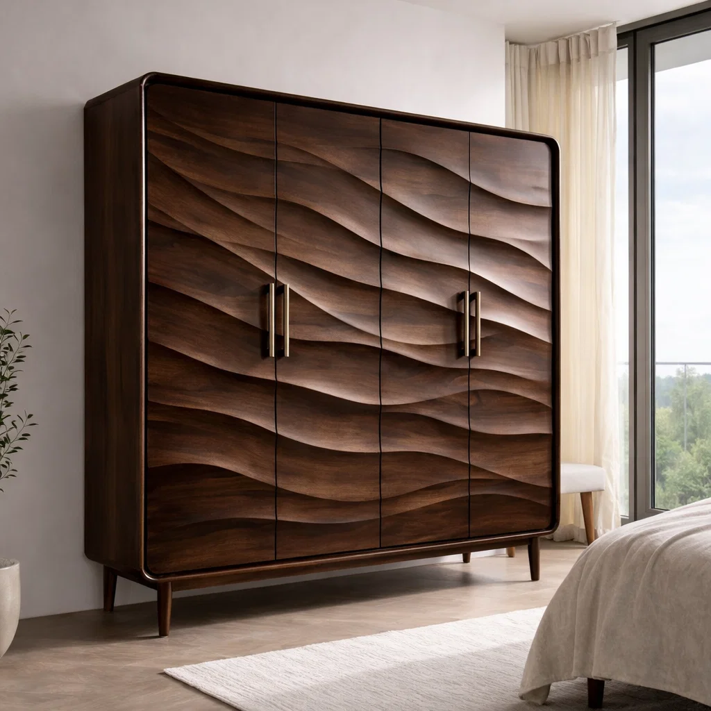 Wave-Design Solid Wood Wardrobe with Modern Storage – Elegant Bedroom Furniture
