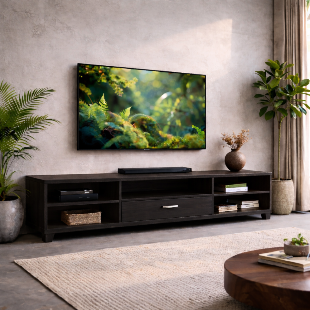 Modern Solid Wood TV Stand with Drawer and Open Shelves – Living Room Media Console Kitchnce