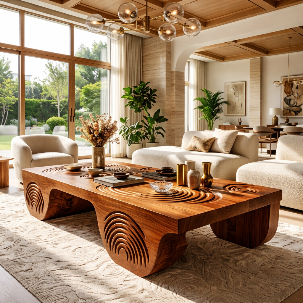 Artistic Wooden Coffee Table with Unique Carved Design