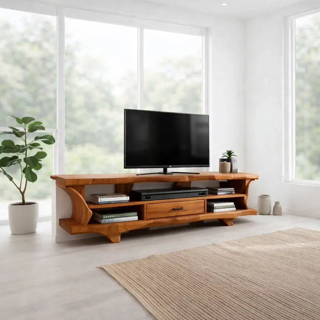 Solid Wood TV Cabinet with Live Edge – Rustic Oak Media Console Kitchnce