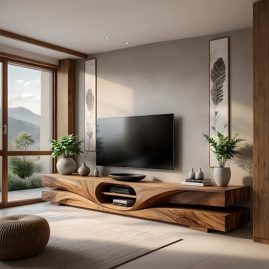 Solid Wood TV Stand Modern Walnut Floating Media Console with Open Storage