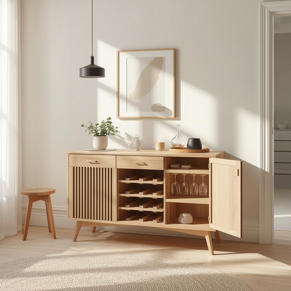 Mid Century Solid Wood Wine Cabinet with Fluted Door and Bottle Storage