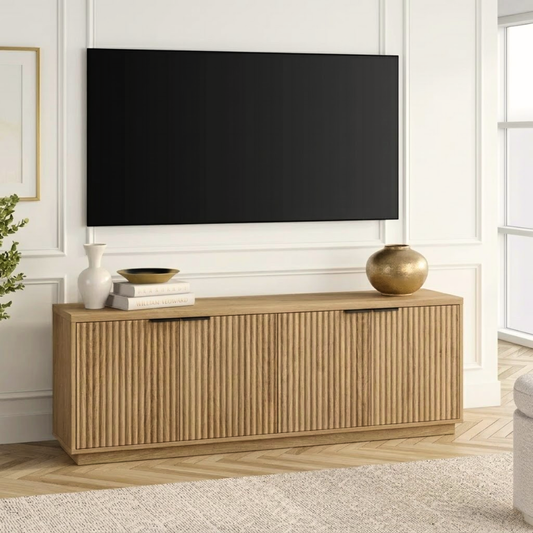 Fluted Solid Wood TV Stand Modern Low Profile Media Console with Hidden Storage
