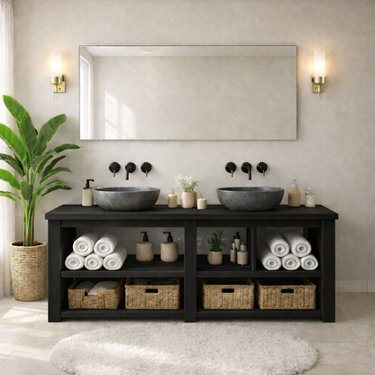 Rustic Double-Sink Wooden Bathroom Vanity with Storage Shelves Kitchnce