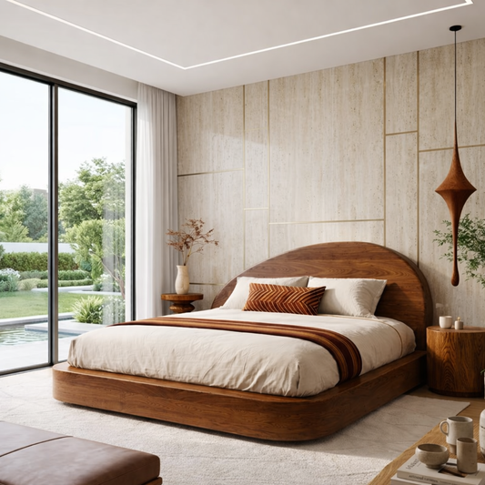 Modern Wooden Bed Frame with Curved Headboard and Platform Design Style