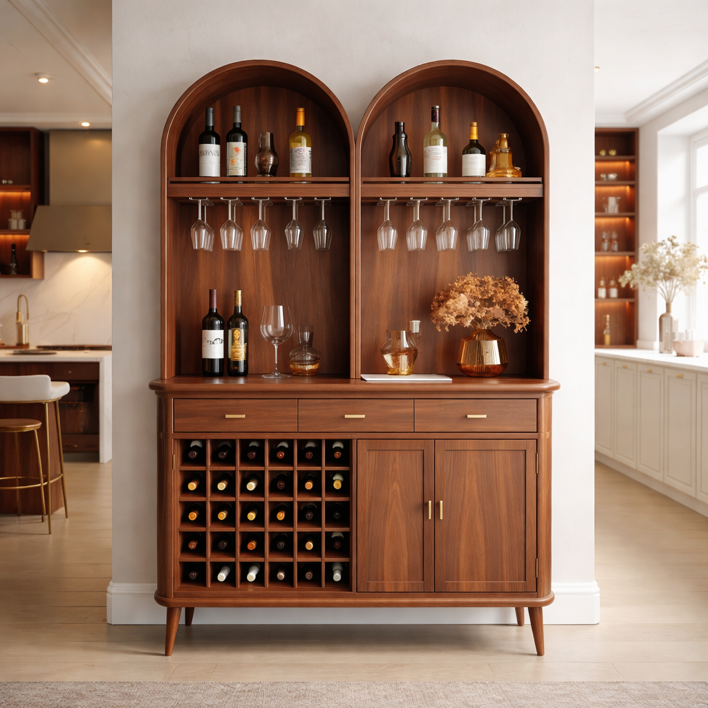Solid Wood Arched Bar Cabinet with Wine Rack and Hanging Glass Storage