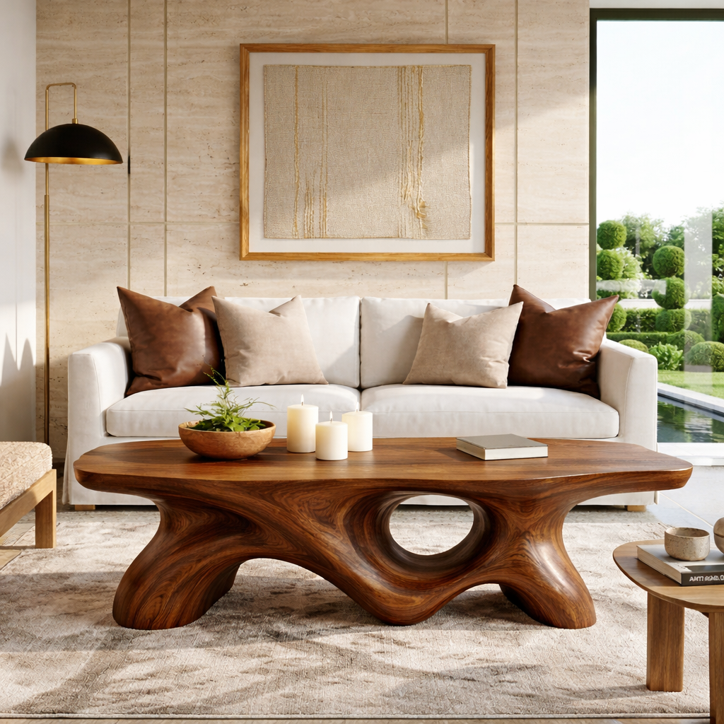 Unique Wooden Coffee Table with Curved Design for Living Room