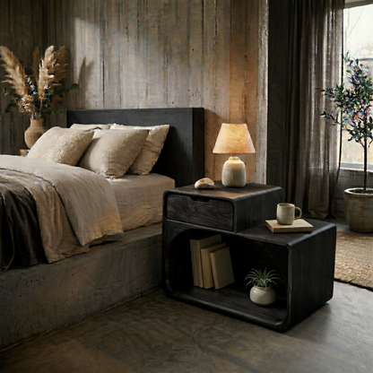 Solid Wood Nightstand with Drawer & Open Shelf – Modern Curved Bedside Table