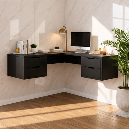 Floating Corner Desk with Drawers – Walnut Wall-Mounted Workspace