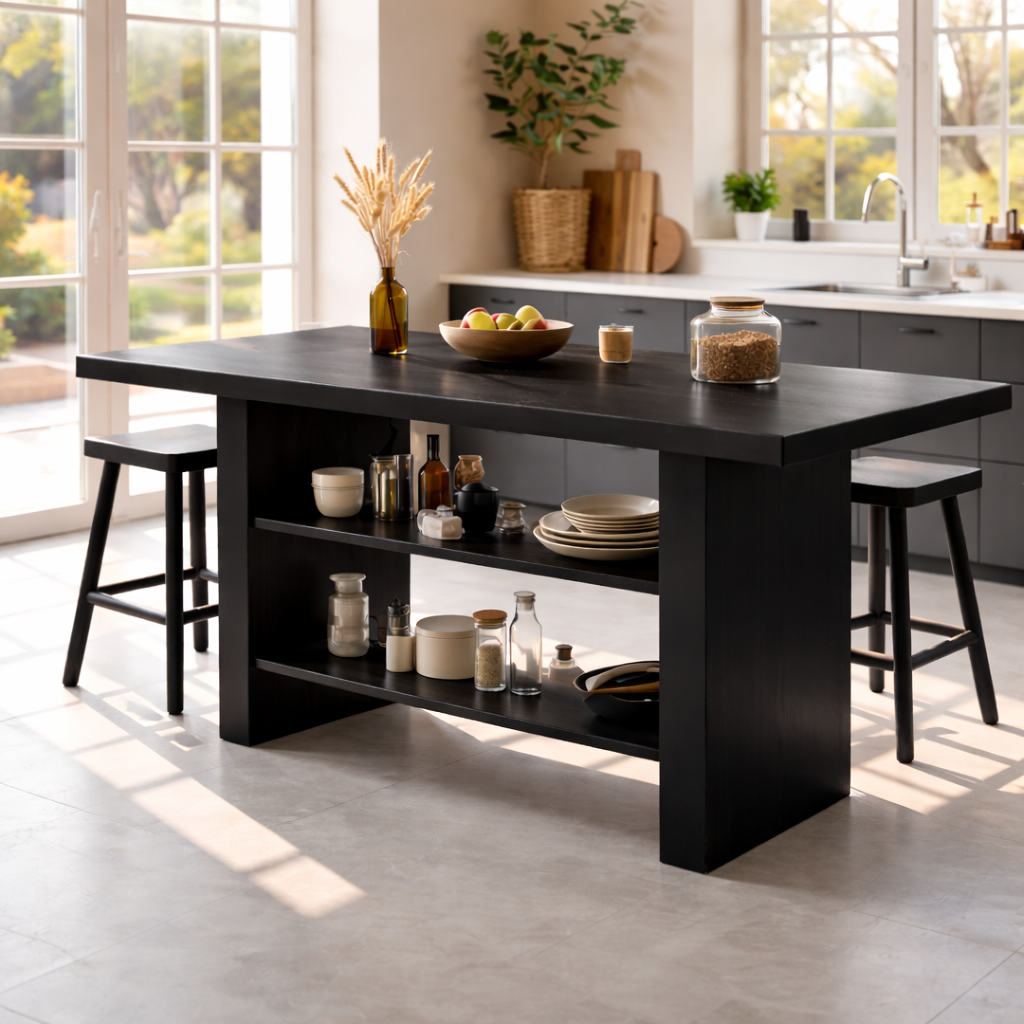 Modern Dining Table with Open Storage Shelves and Bar Seating, Multifunction Kitchen Island Table