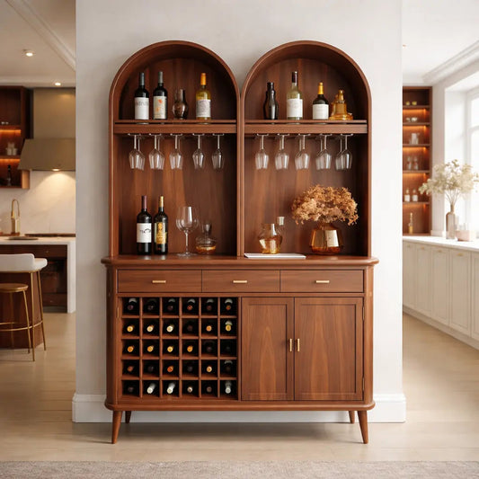 Solid Wood Arched Bar Cabinet with Wine Rack and Hanging Glass Storage Kitchnce