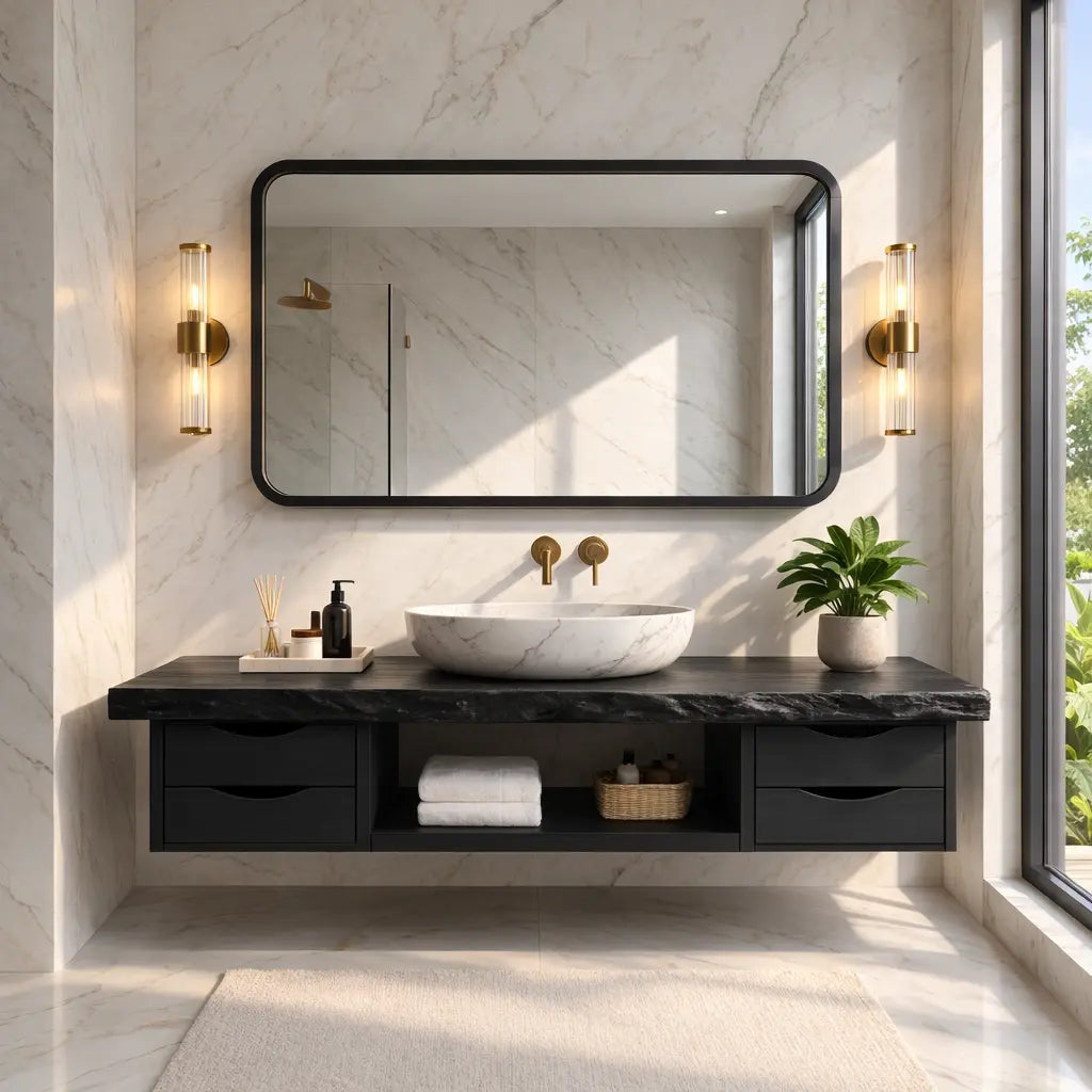 Floating Bathroom Vanity with Natural Wood, Modern Design, and Spacious Storage Kitchnce