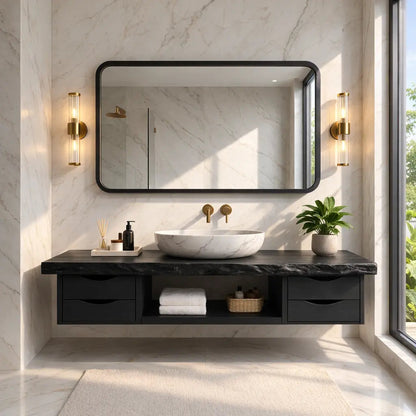 Floating Bathroom Vanity with Natural Wood, Modern Design, and Spacious Storage Kitchnce