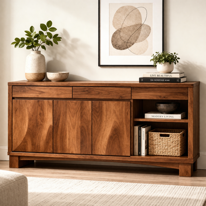Solid Wood Console Cabinet with Drawers and Open Shelf – Modern Sideboard