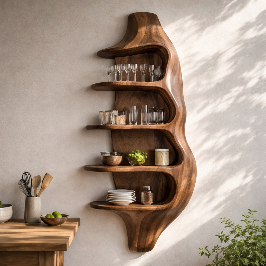 Solid Walnut Wall Mounted Kitchen Cabinet Shelf – Organic Curved Wooden Storage Display