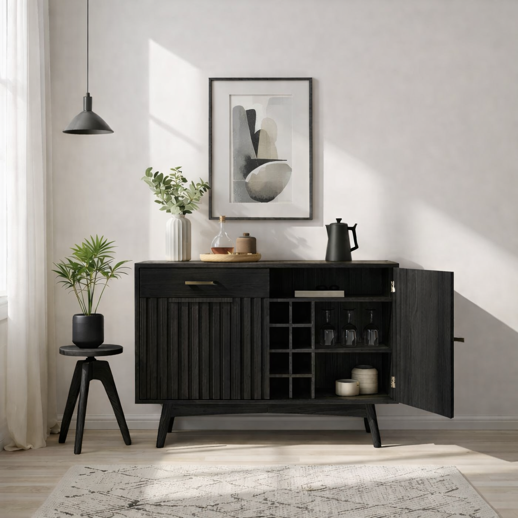 Mid Century Modern Solid Wood Wine Bar Cabinet with Bottle Rack and Glass Storage