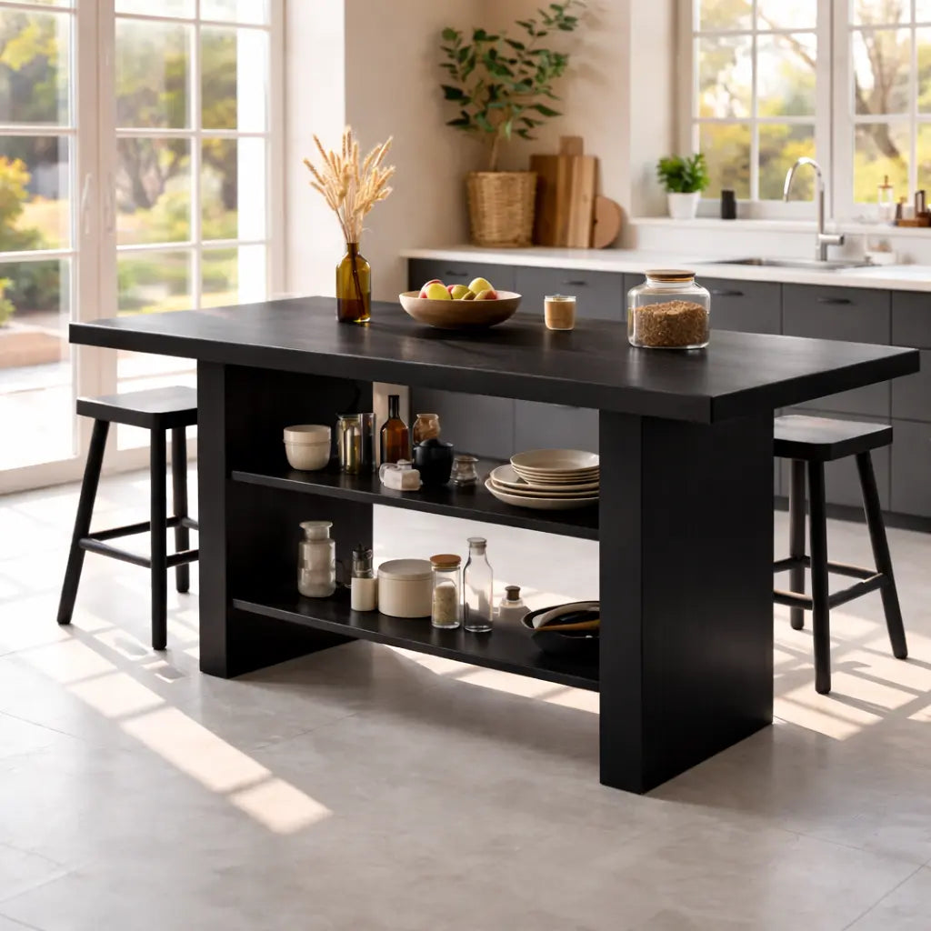 Modern Dining Table with Open Storage Shelves and Bar Seating, Multifunction Kitchen Island Table Kitchnce