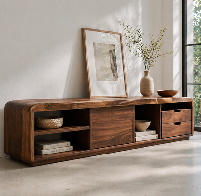 Solid Wood Media Console with Rounded Edges, Modern Low TV Stand with Storage
