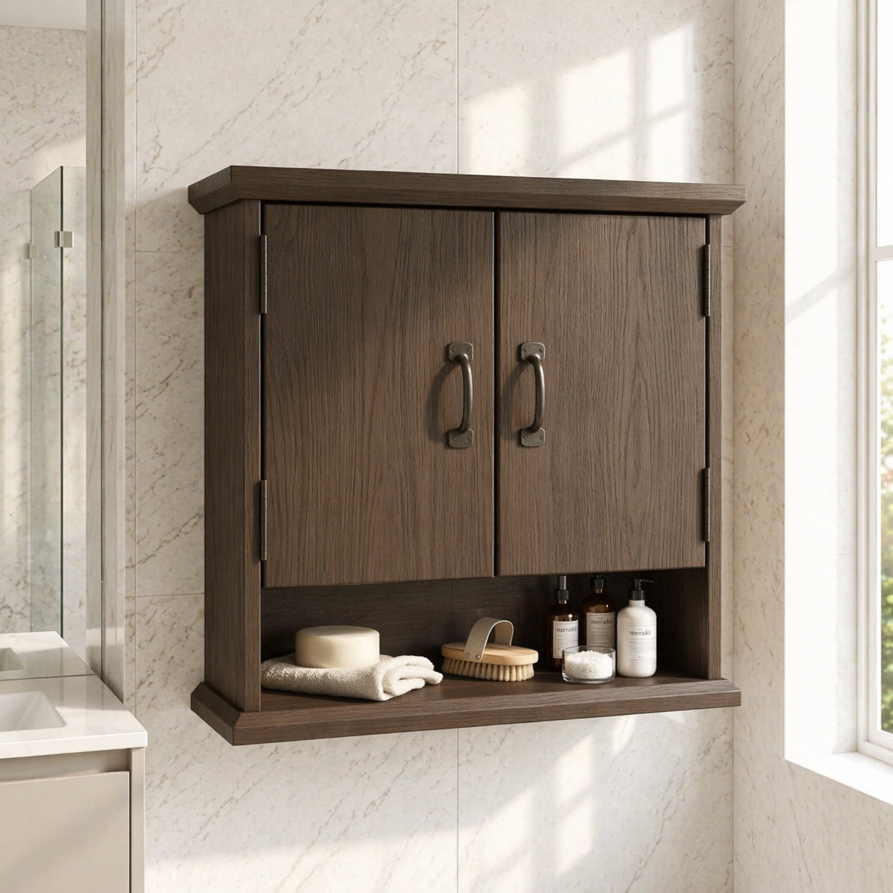 Floating Bathroom Cabinet, Wall Mounted Double Door Vanity Storage Organizer Shelf