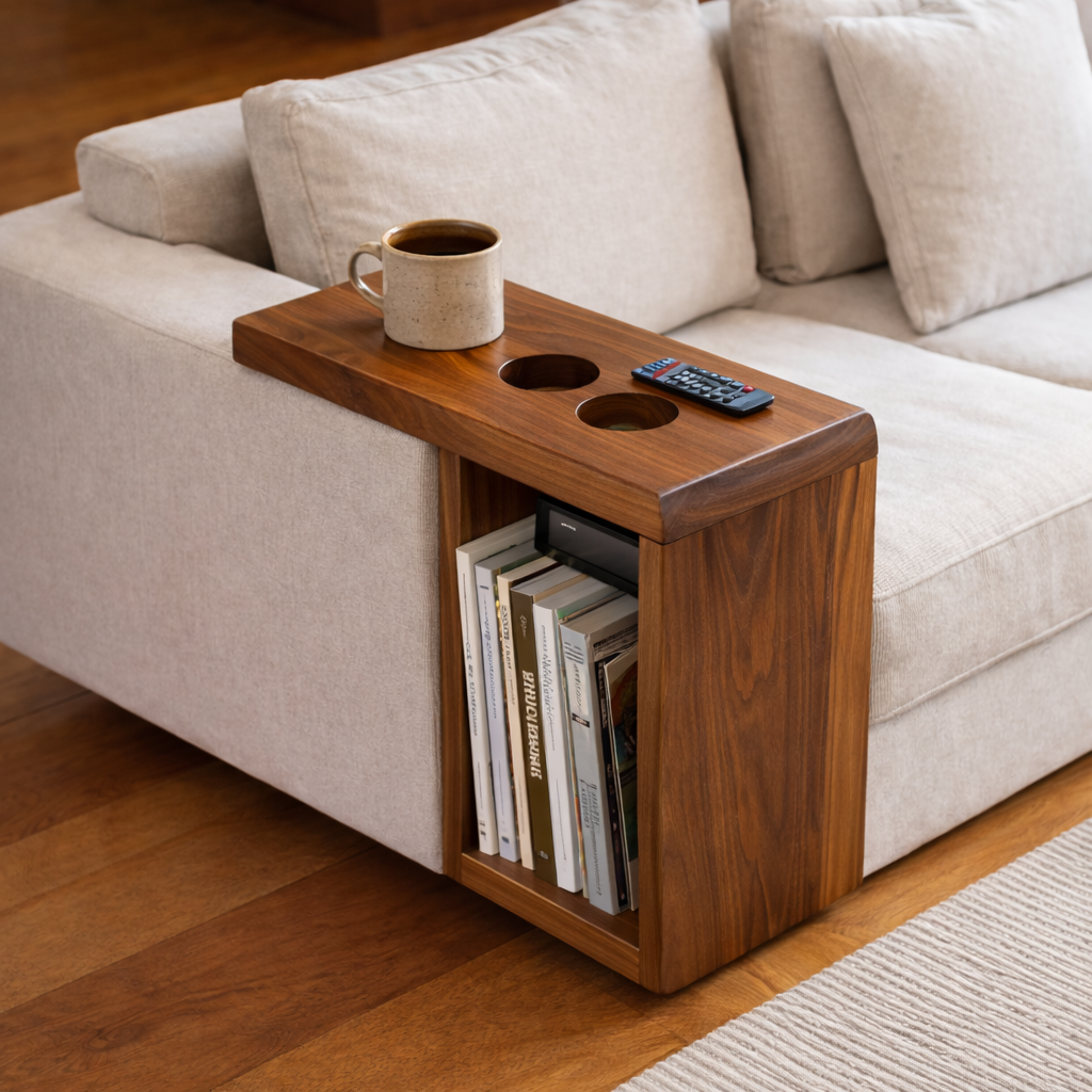 Solid Wood Sofa Armrest Table with Cup Holders – Couch Arm Tray with Storage