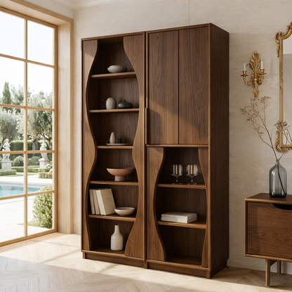 Modern Display Cabinet with Wavy Open Shelves and Tall Concealed Storage