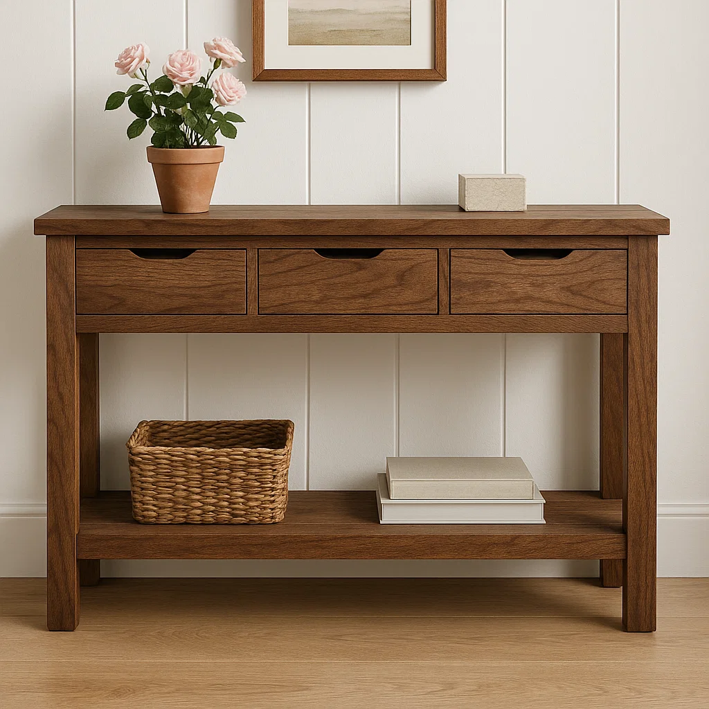 Rustic Wooden Console Table with Storage Drawers and Bottom Shelf for Entryway Kitchnce