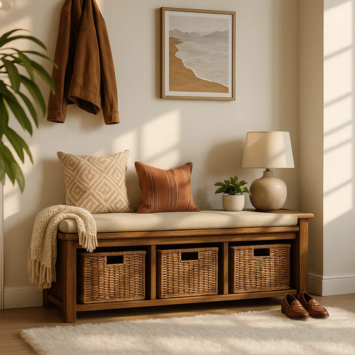 Solid Wood Entryway Bench with Woven Basket Storage, Rustic Hallway Organizer