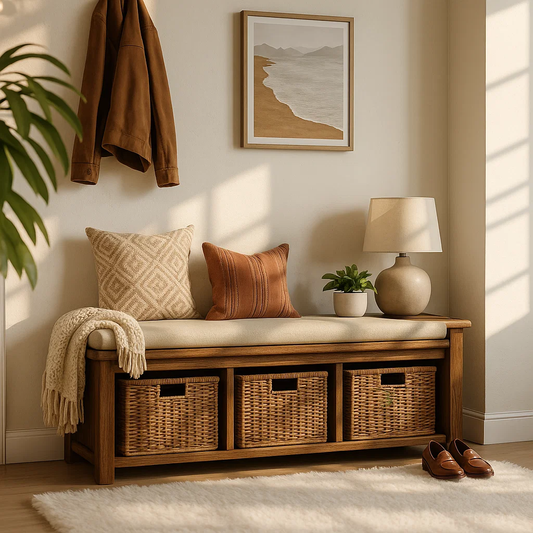 Solid Wood Entryway Bench with Woven Basket Storage, Rustic Hallway Organizer