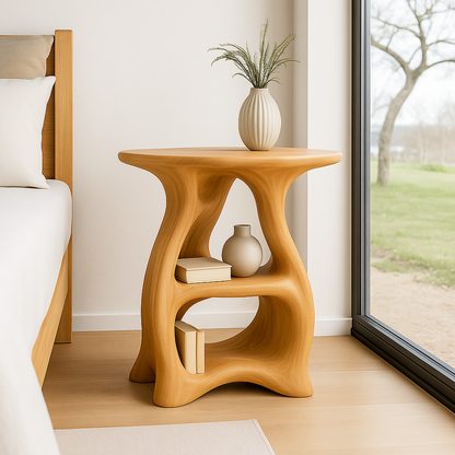 Handcrafted Solid Wood Nightstand – Sculptural Bedside Table with Curved Organic Design Kitchnce