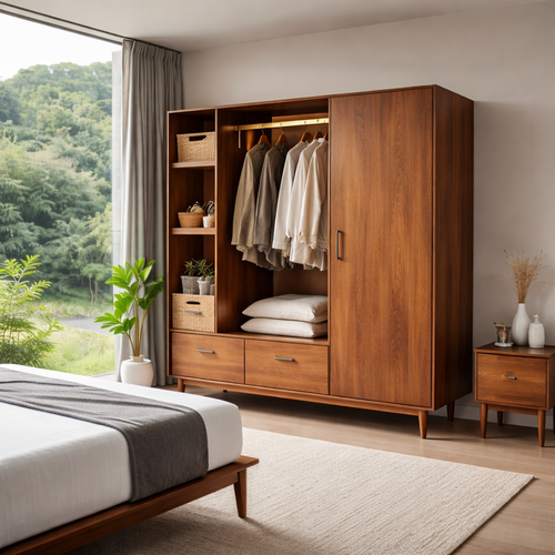 Solid Wood Wardrobe with Shelves and Drawers – Modern Bedroom Storage Closet