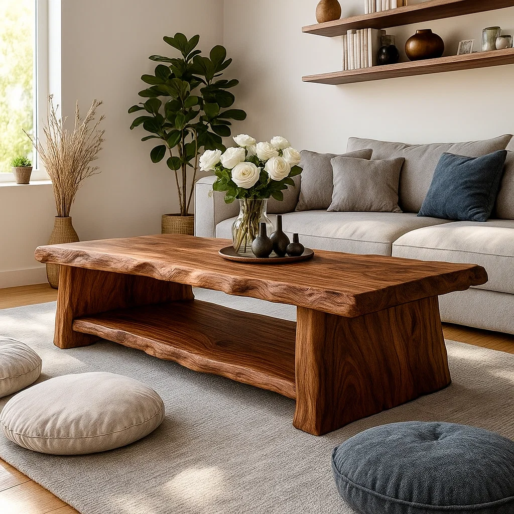 Handcrafted Solid Wood Coffee Table – Live Edge Design with Natural Grain and Organic Shape Kitchnce