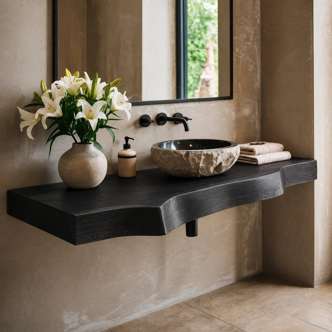 Live Edge Bathroom Vanity Shelf | Solid Wood Floating Sink Counter Kitchnce