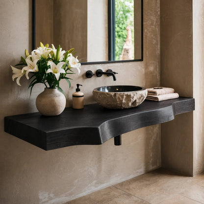 Live Edge Bathroom Vanity Shelf | Solid Wood Floating Sink Counter Kitchnce