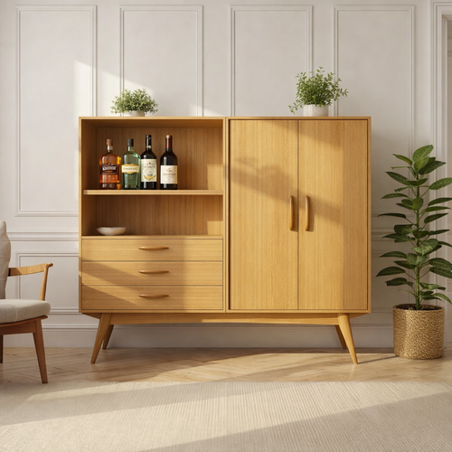 Handcrafted Solid Wood Wine Cabinet Mid Century Bar Storage with Doors and Drawers