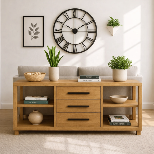 Solid Wood Console Table with Drawers and Shelves, Modern Walnut Entryway Sofa Table Storage Cabinet Kitchnce