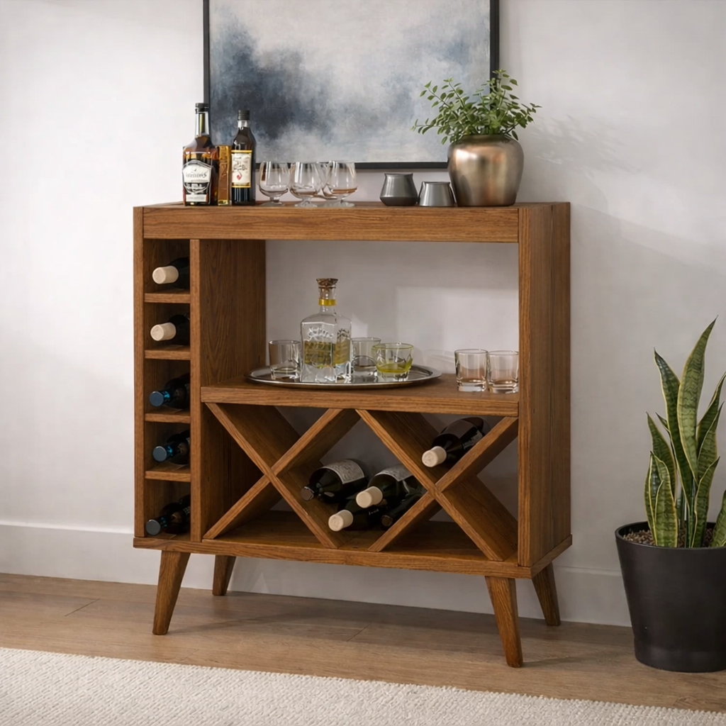 Solid Wood Wine Cabinet with X Rack and Open Shelf Storage