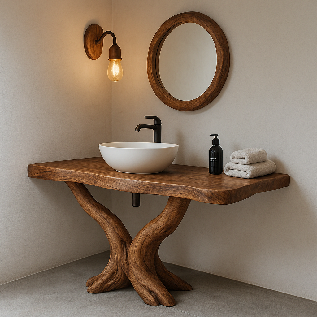 Handcrafted Solid Wood Bathroom Vanity – Rustic Natural Design with Curved Root Base Kitchnce