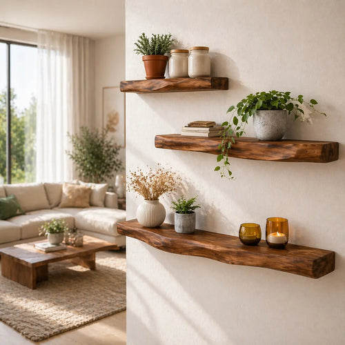 Solid Wood Floating Wall Shelf Rustic Live Edge Wall Mounted Shelf Kitchnce