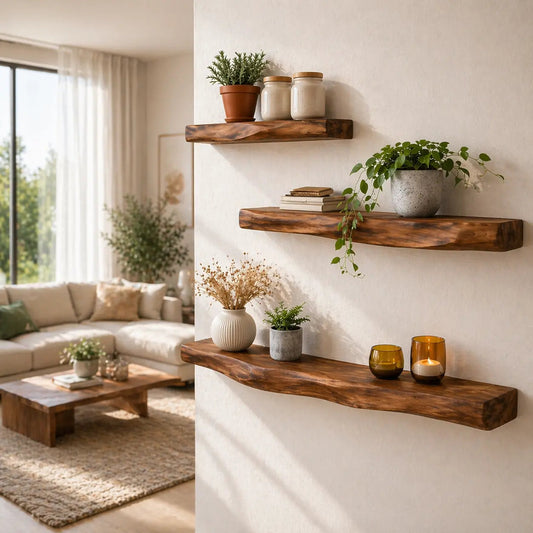 Solid Wood Floating Wall Shelf Rustic Live Edge Wall Mounted Shelf Kitchnce