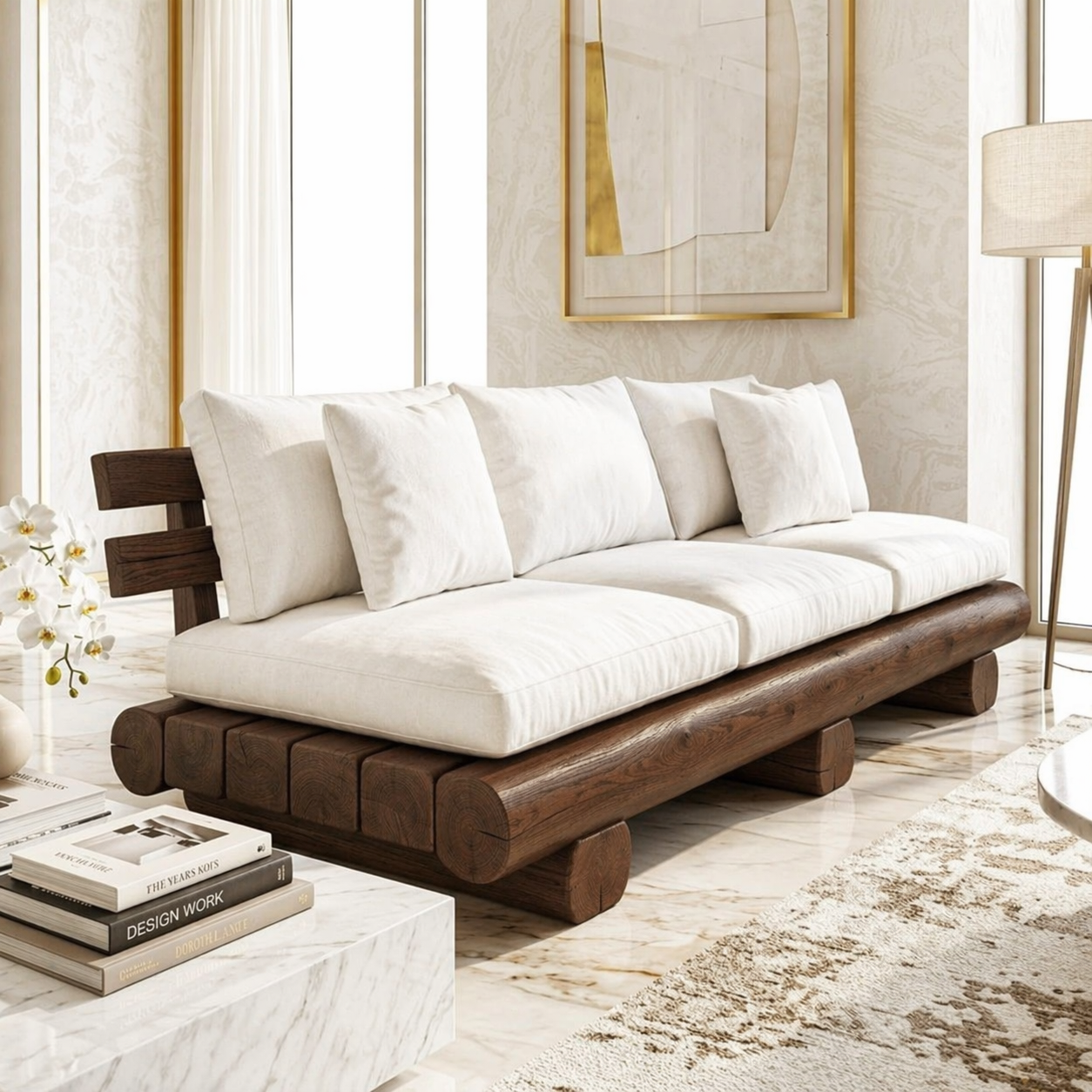 Modern Rustic Wooden Sofa, Minimalist Contemporary Lounge with Oversized Cream Cushions