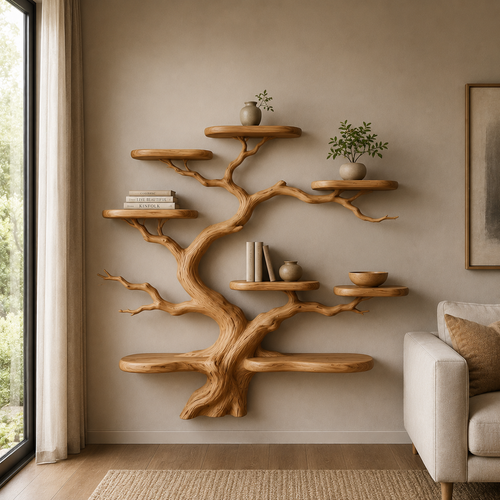 Modern Solid Wood Tree Bookshelf Floating Wall Shelf Handmade Organic Tree Bookcase