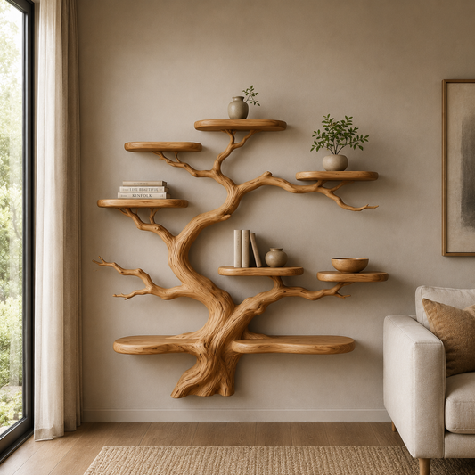 Modern Solid Wood Tree Bookshelf Floating Wall Shelf Handmade Organic Tree Bookcase